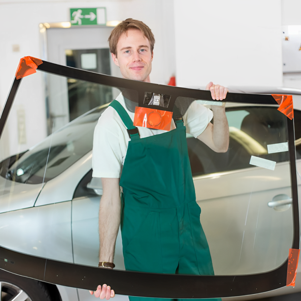 Technicien spécialisé GlassCar tenant un pare-brise prêt à être installé, illustrant un service premium et écologique.